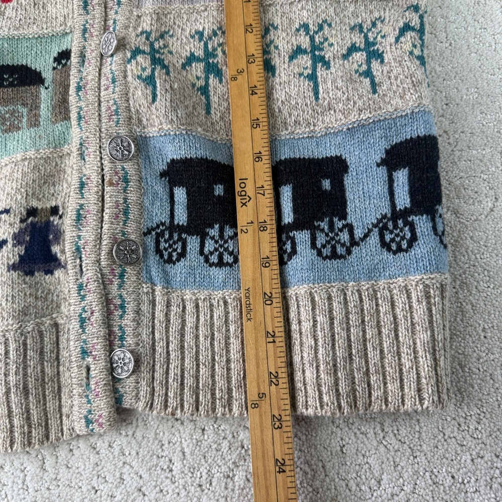 Woolrich Cardigan Sweater Women M Tan Intarsia Folk Art Geese Apple Carriage - Picture 12 of 12